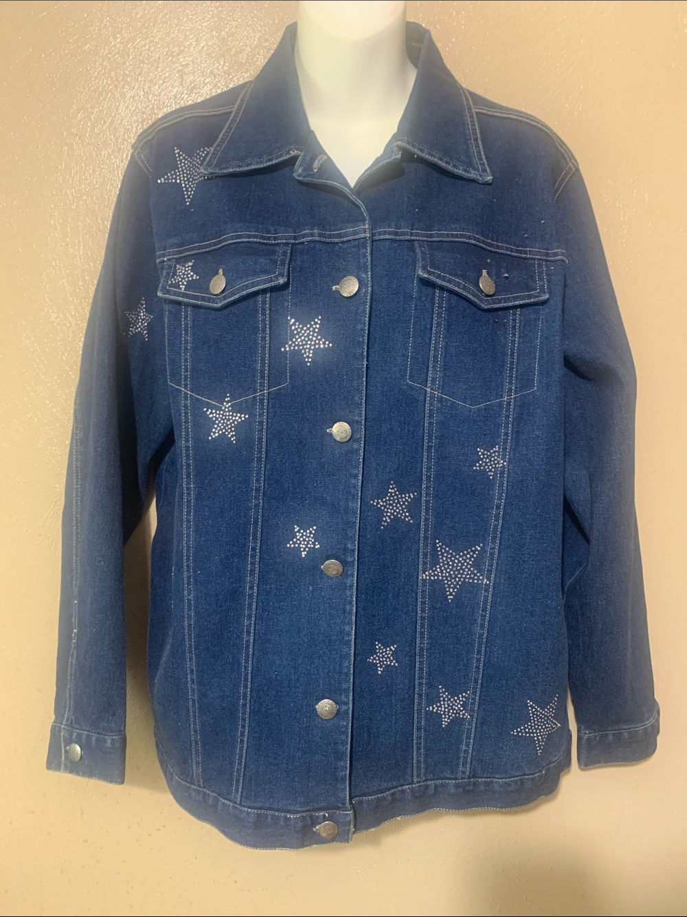Quacker Factory size S Dark Blue Denim Jacket with Star Stud Accents Pockets